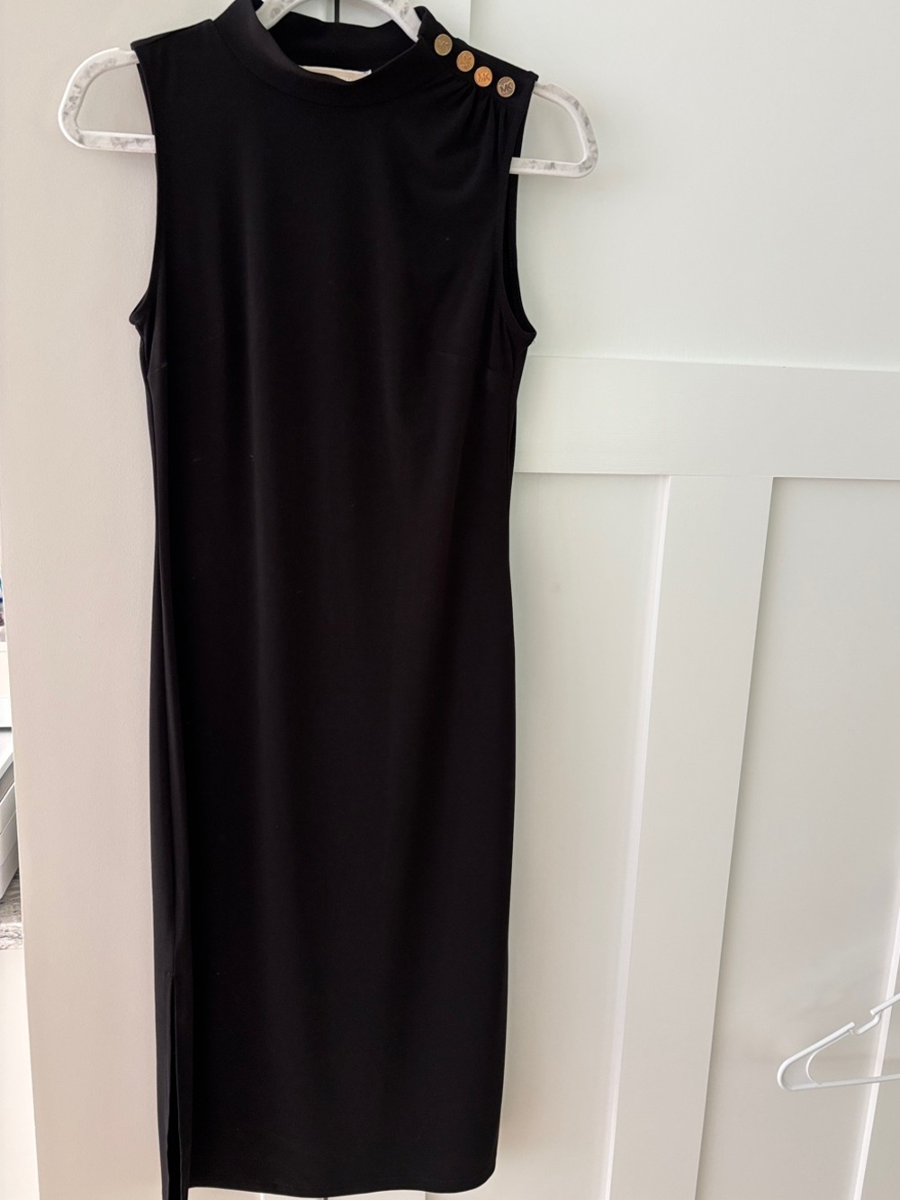Michael Kors Black Sleeveless Midi Dress with Gold Shoulder Buttons